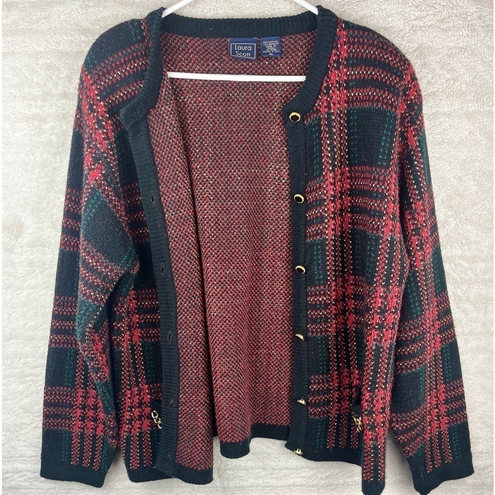 Vintage Knit Plaid Cardigan Blazer Gold Buttons Sz XL Birdseye Preppy Xmas - Picture 2 of 12